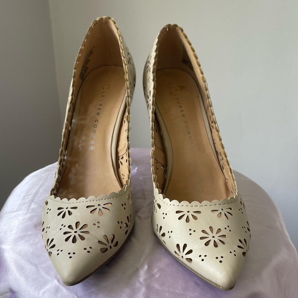 LC Lauren Conrad laser cut out beige heels